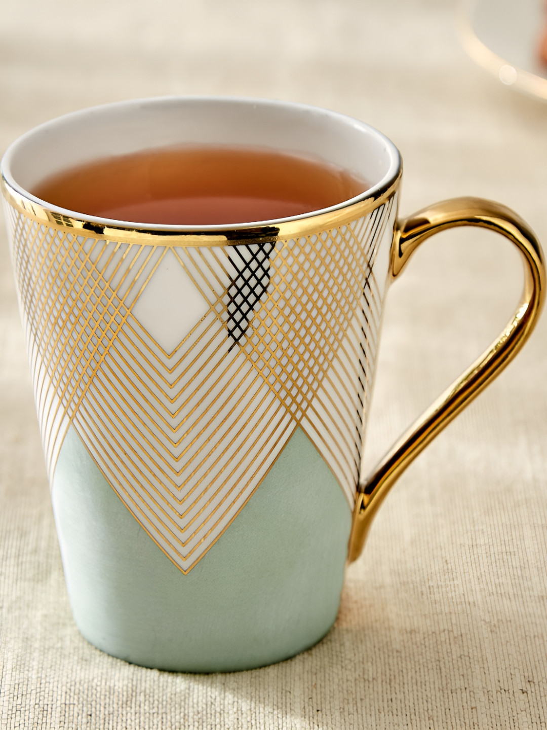 Home Centre Green Geometric Bone China Microwave Safe Mug-330ml