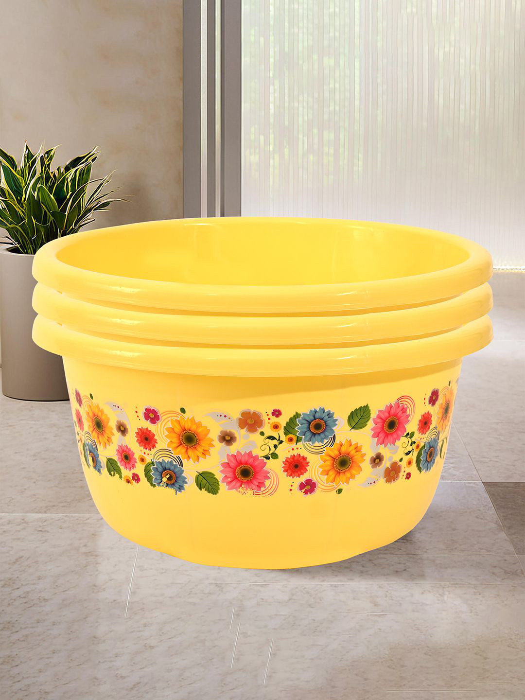 Kuber Industries Yellow & Green 3 Pieces Floral Printed Matte Bath Tub