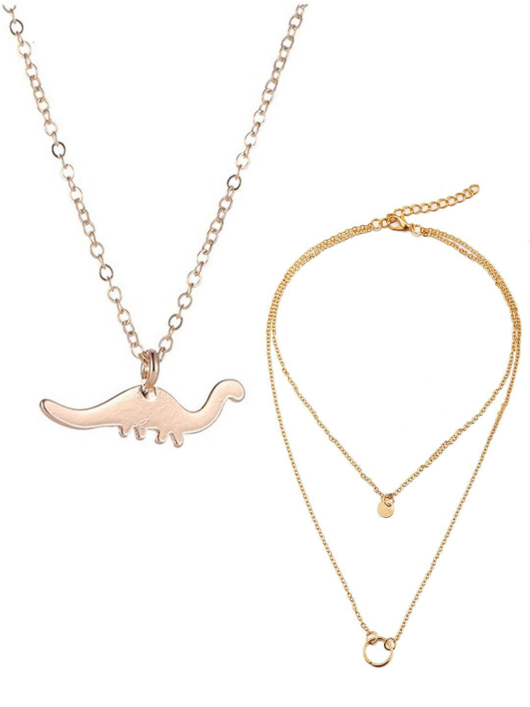 Pinapes Unisex Set Of 2 Gold-Plated Dinosaur and Hearts Minimal Necklaces