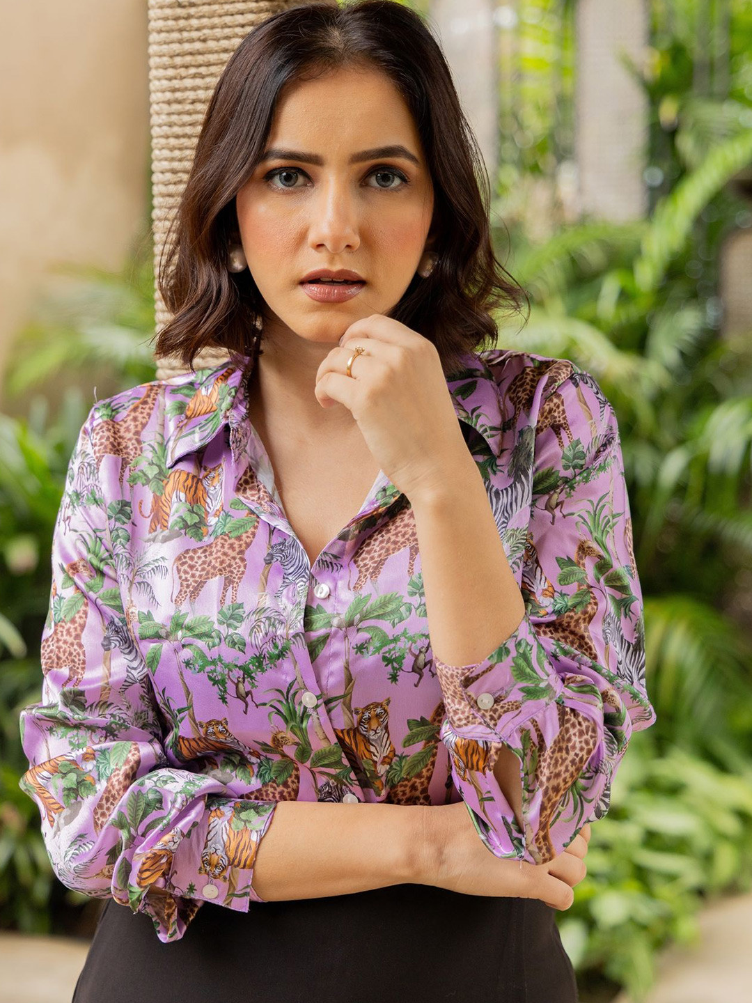 KALINI Women Spread Collar Animal Printed Satin Casual Shirt