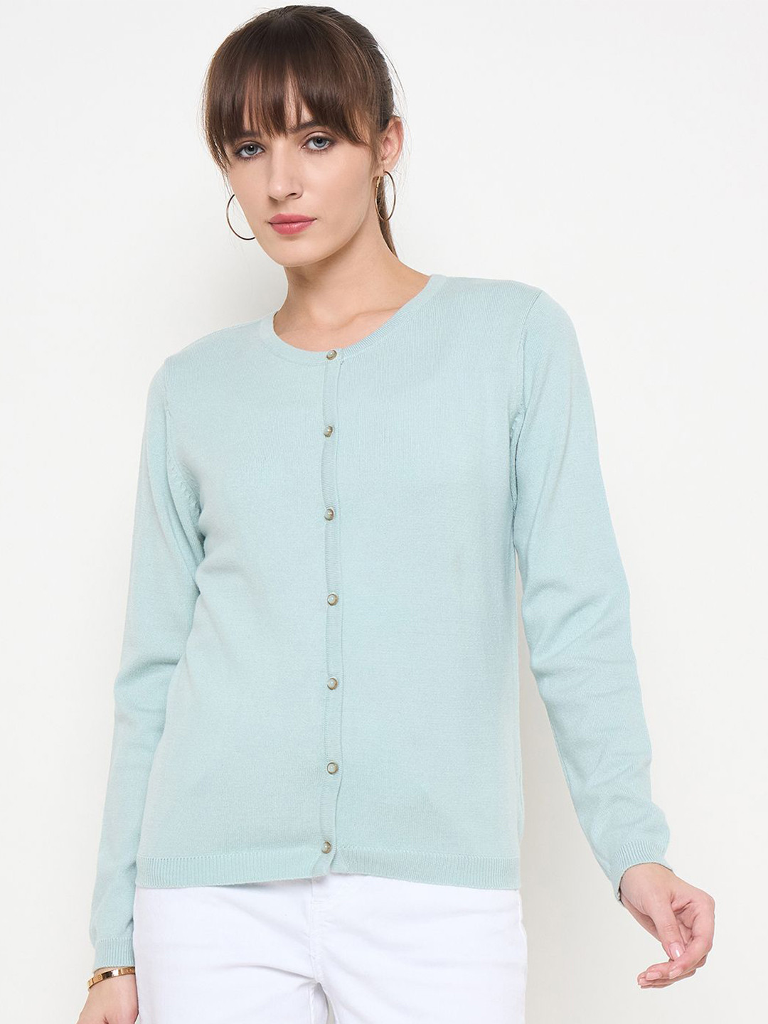 Madame Women Solid Round Neck Button Detail Cardigan