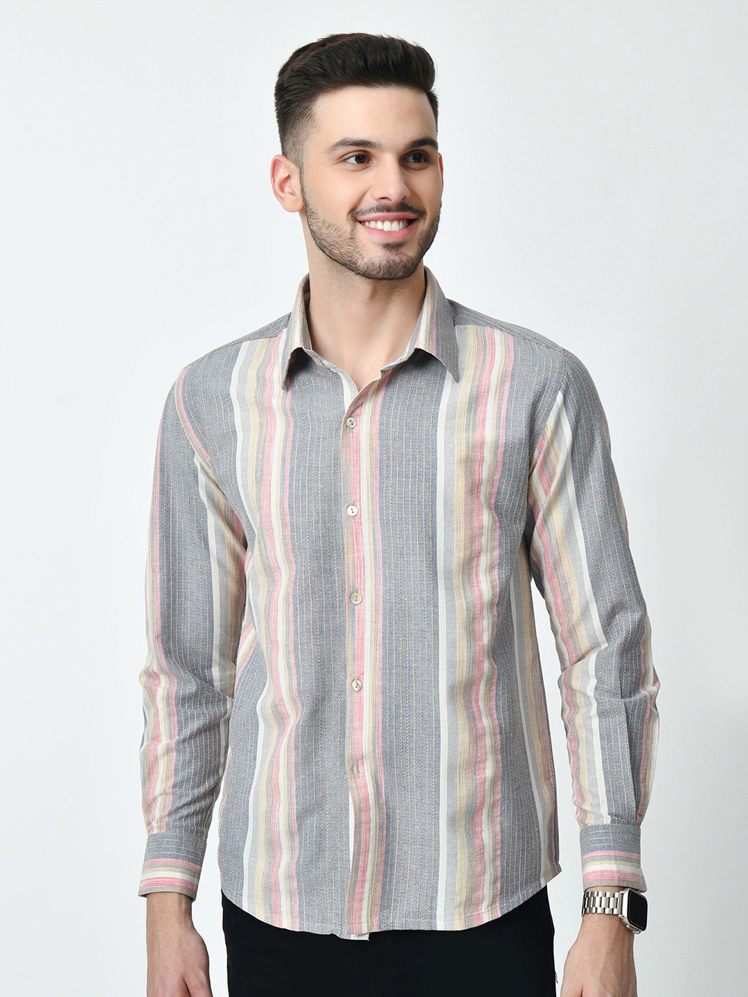 AMBI Men Standard Spread Collar Multi Striped Cotton Casual Shirt