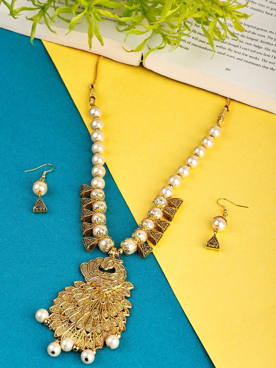 SUNHARI Gold Plated Pearls Beaded Peacock Shaped Jewellery Set