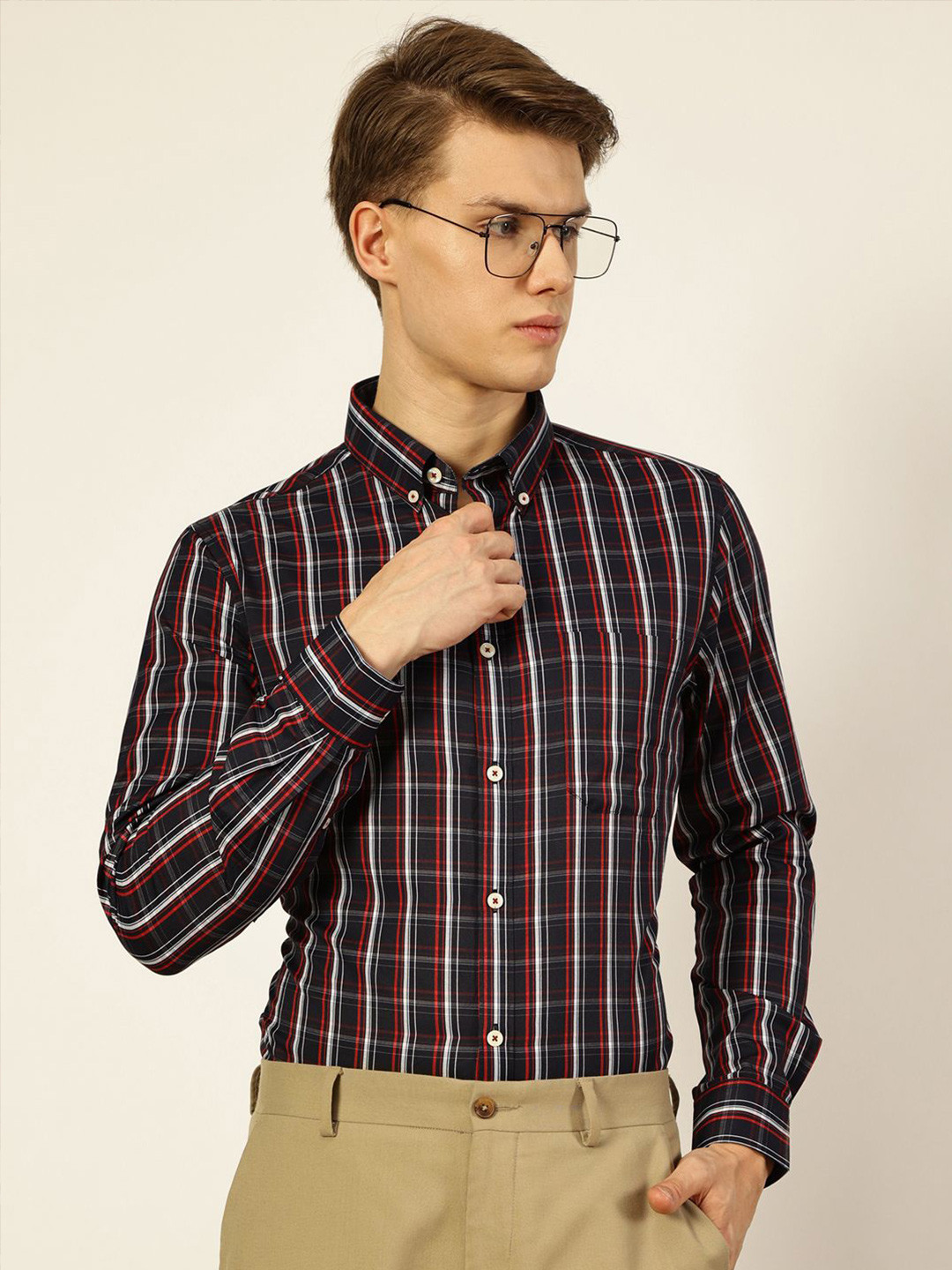 Thomas Scott Men Smart Button-Down Collar Tartan Checked Cotton Formal Shirt