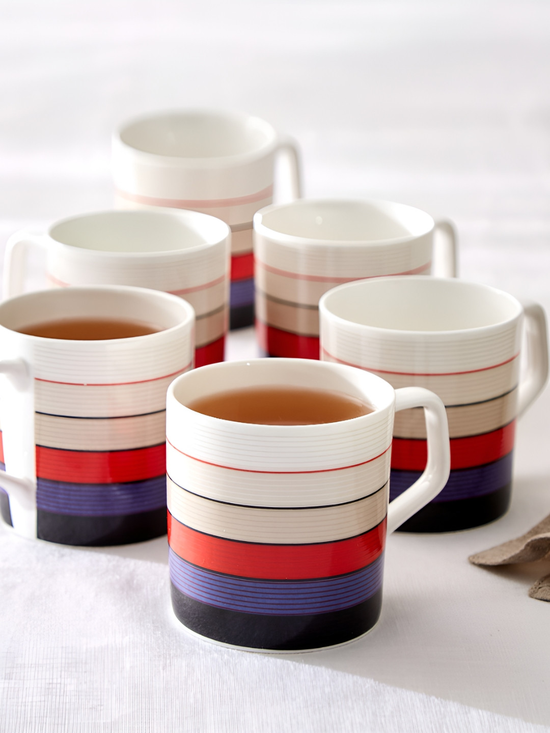 Home Centre Red Striped Bone China Microwave Safe 6 Piece Mugs-230ml