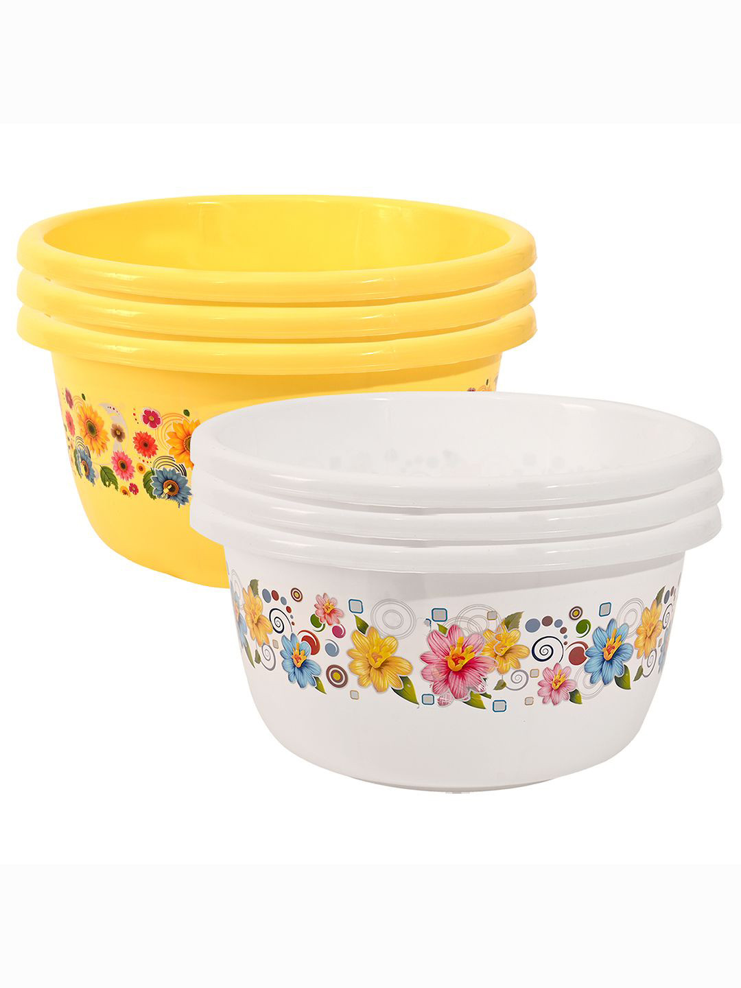Kuber Industries White & Yellow 6 Pieces Floral Printed Bath Tubs 40 L Each