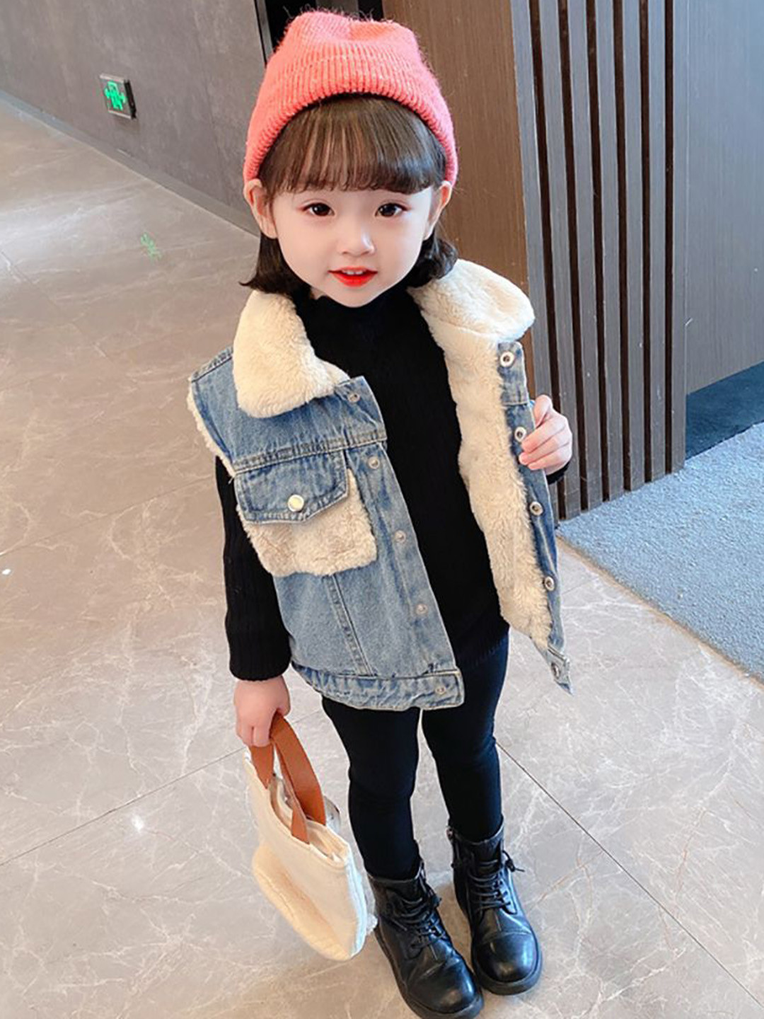 StyleCast x Revolte Girls Blue & White Single-Breasted Denim Overcoat