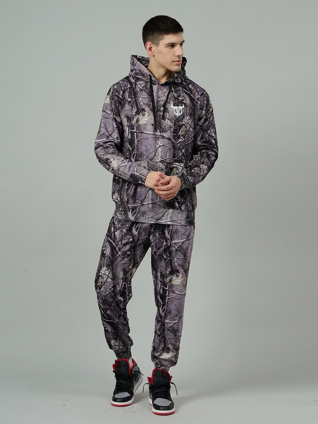 GO DEVIL Abstract Printed Hooded Oversized Woollen Fleece Sweatshirt With Jogger