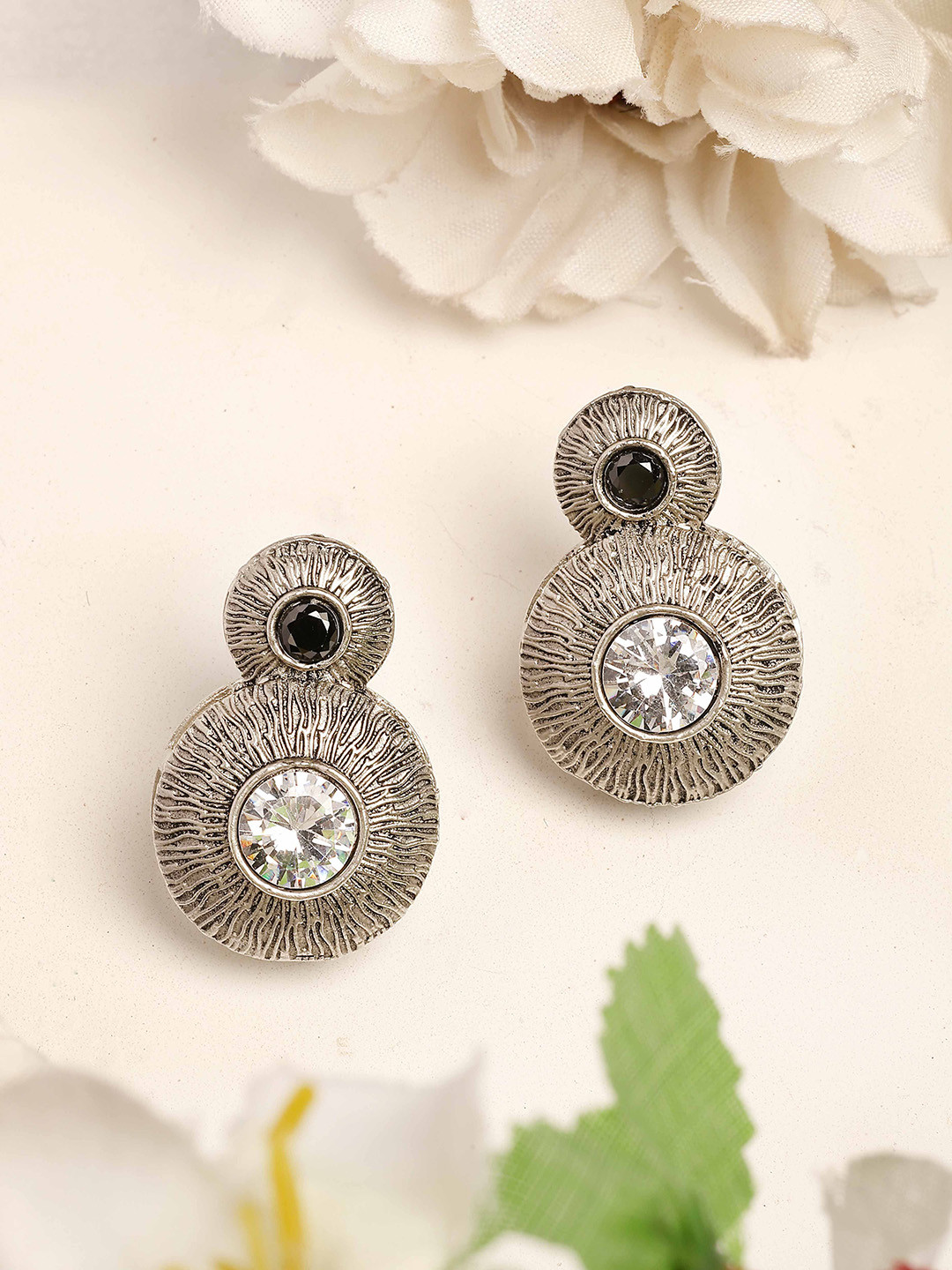 KARATCART Silver-Plated Oxidised Kundan Stone Studded Engraved Tribal Drop Earrings