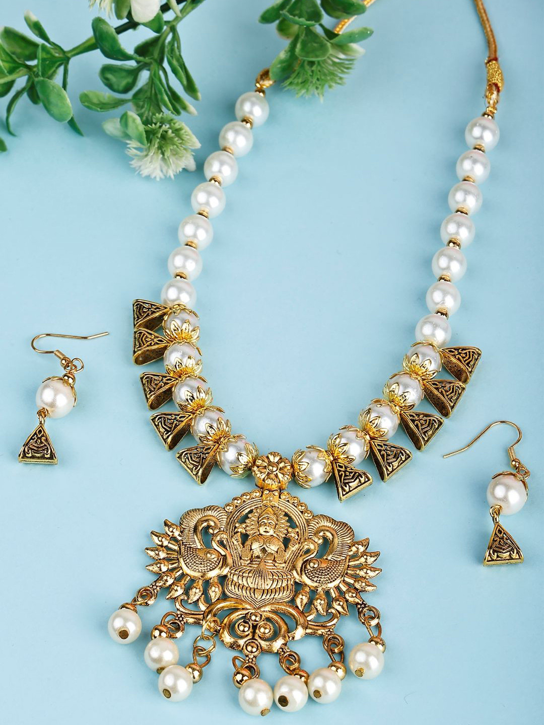 SUNHARI Gold-Plated Beaded Lakshmi Goddess Jewellery Set
