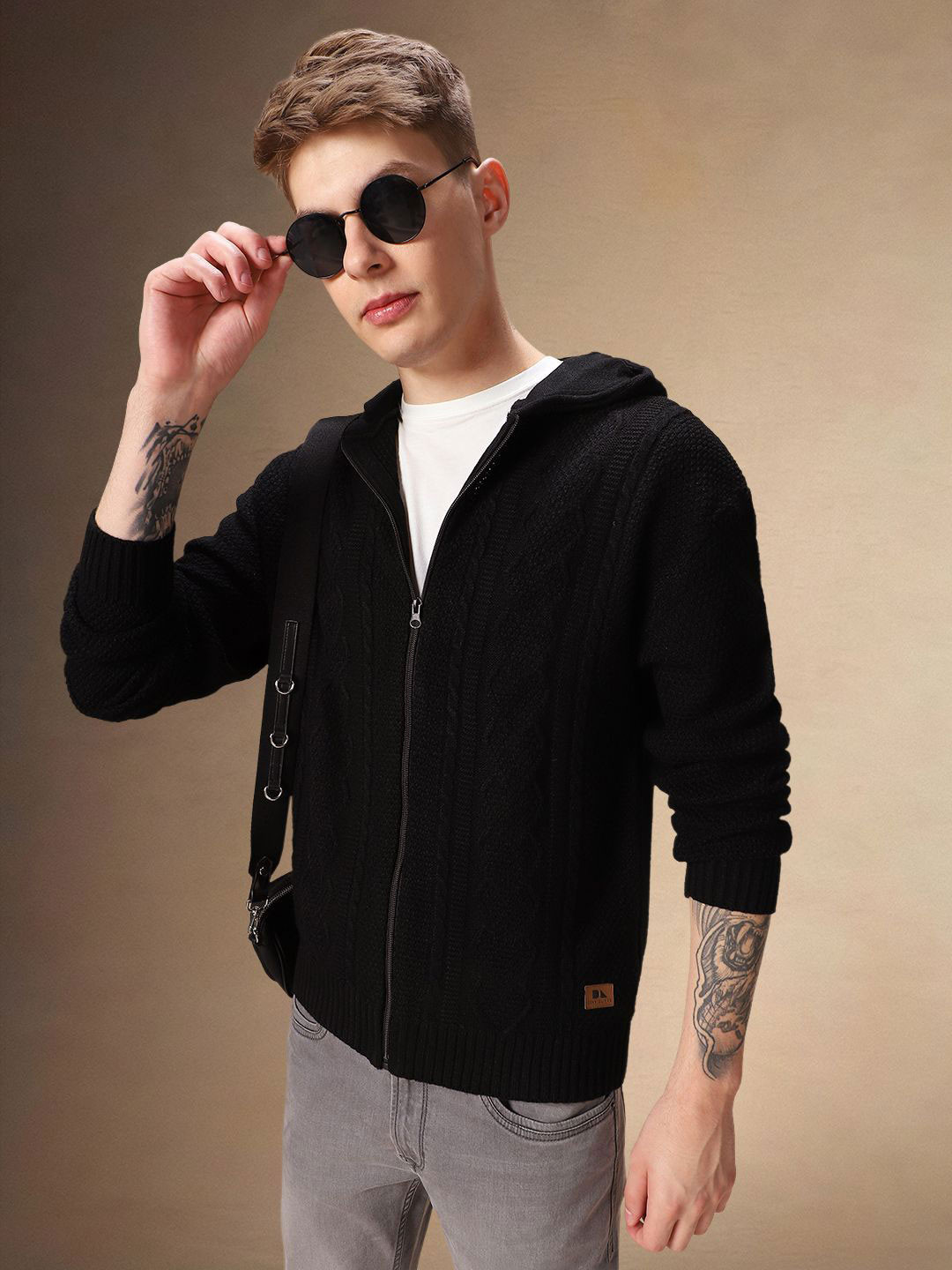 Dennis Lingo Men Black long Sleeves Hooded neck Front Open Zip Closure Cable Knit Cardigan