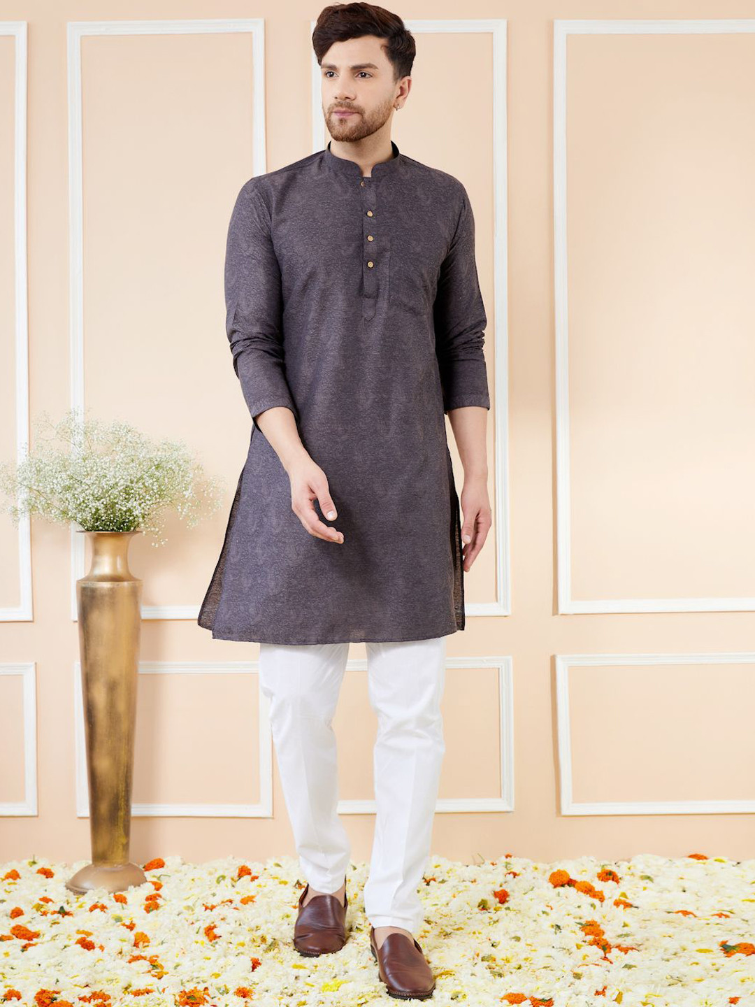 See Designs Paisley Woven Design Long Sleeves Regular Pure Silk Straight Kurta