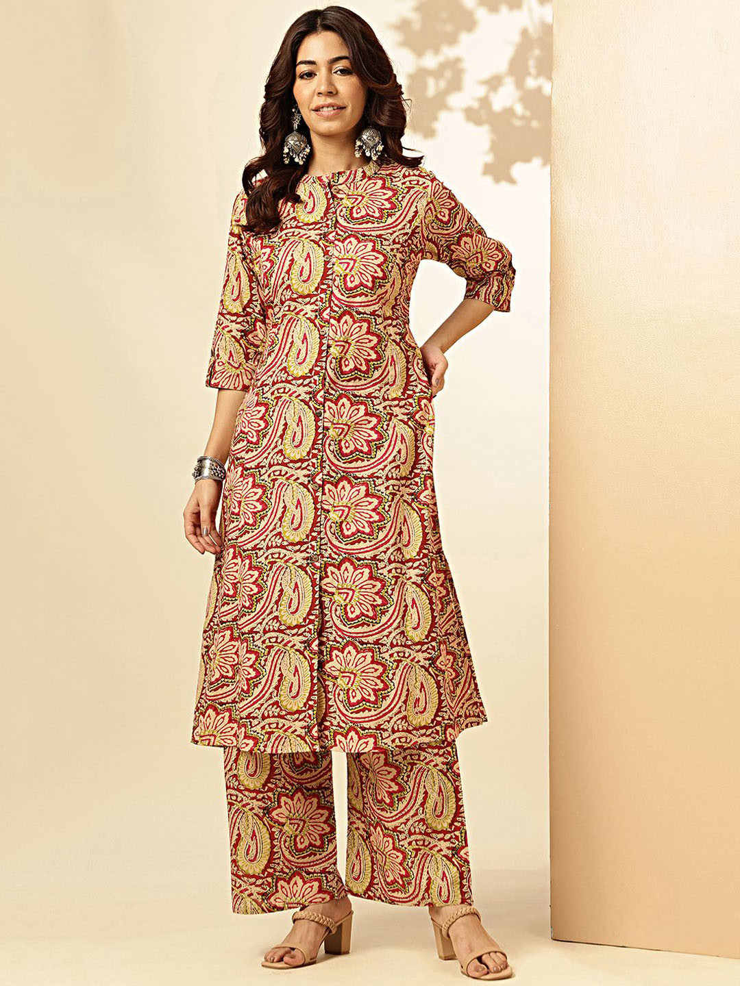 Vbuyz Floral Kalamkari Printed Mandarin Collar Pure Cotton Straight Kurta with Palazzos