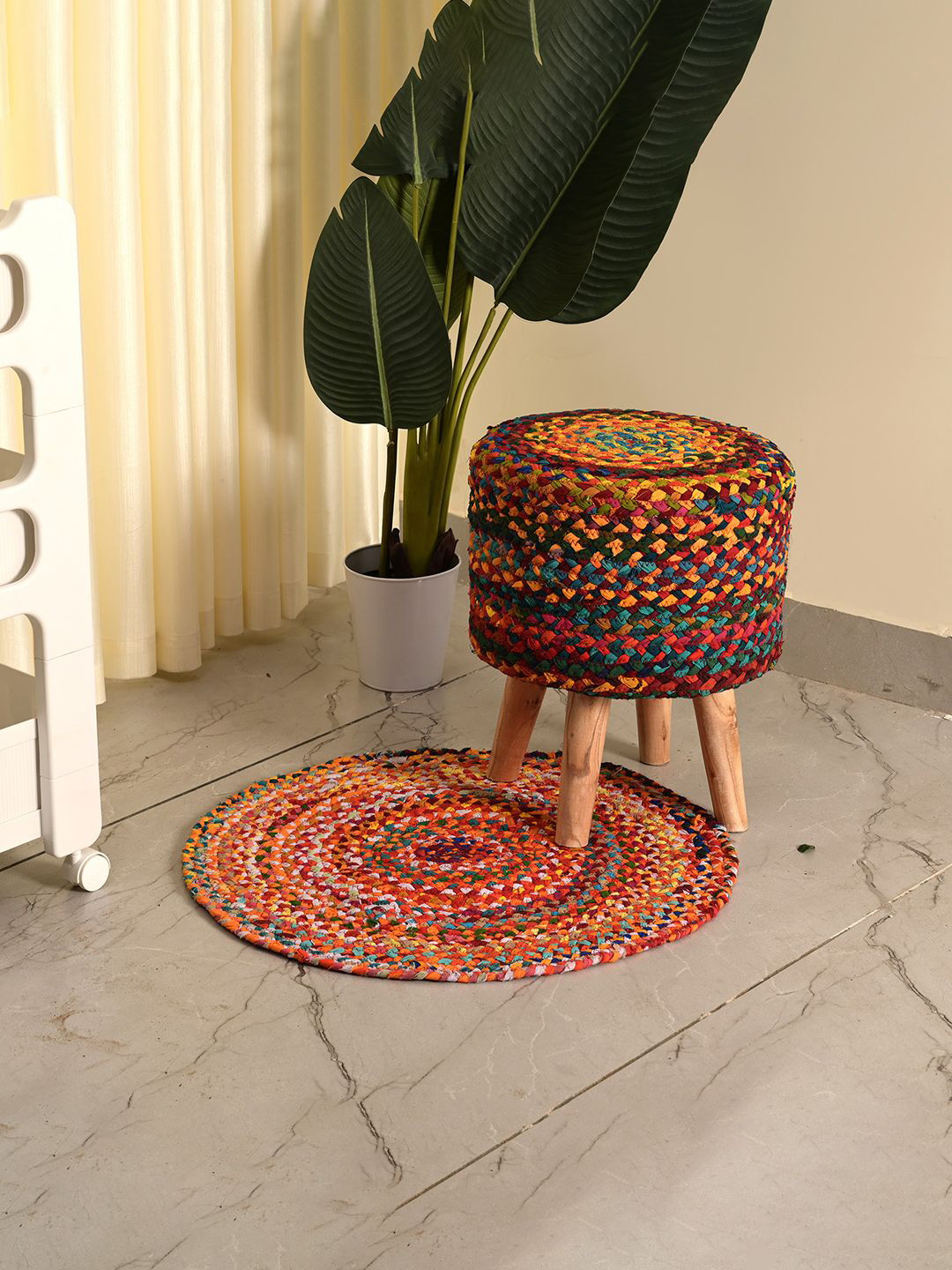 Kuber Industries Red & Brown 2 Pieces Ottoman Stool With Doormat