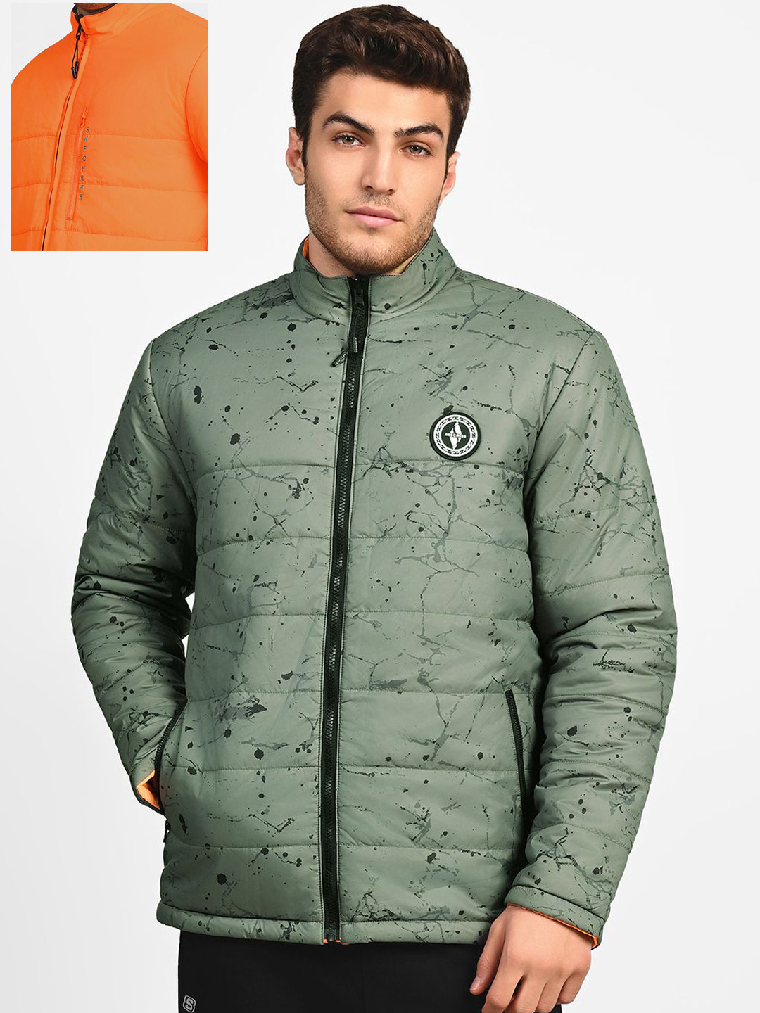 Skechers Men Mock Collar Abstract Printed Casual Bomber Jacket