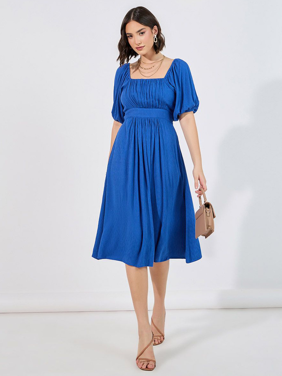 Styli Women Solid Puff Sleeves Square Neck Empire Midi Length Dress