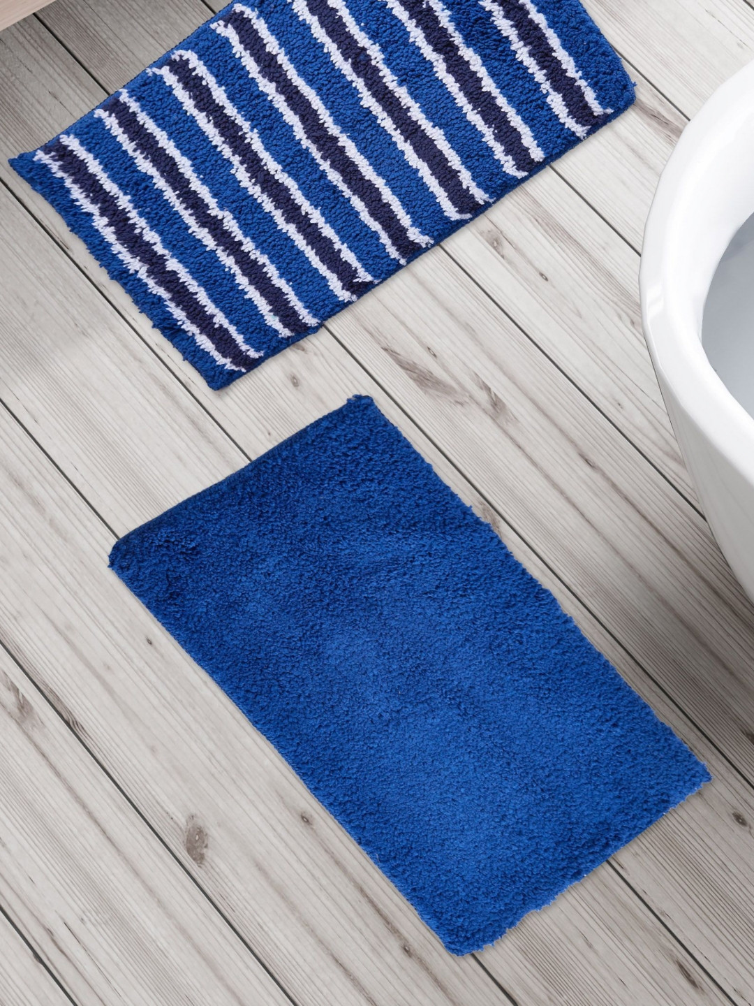 Home Centre Corsica Blue & White 2 Pieces Striped 150 GSM Anti Slip Bath Rugs