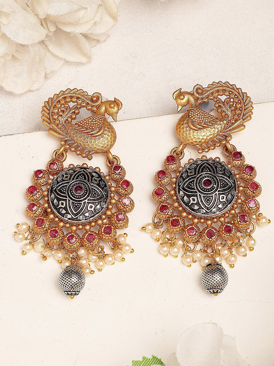 KARATCART Gold-Plated Kundan Antique Peacock Tribal Drop Earrings