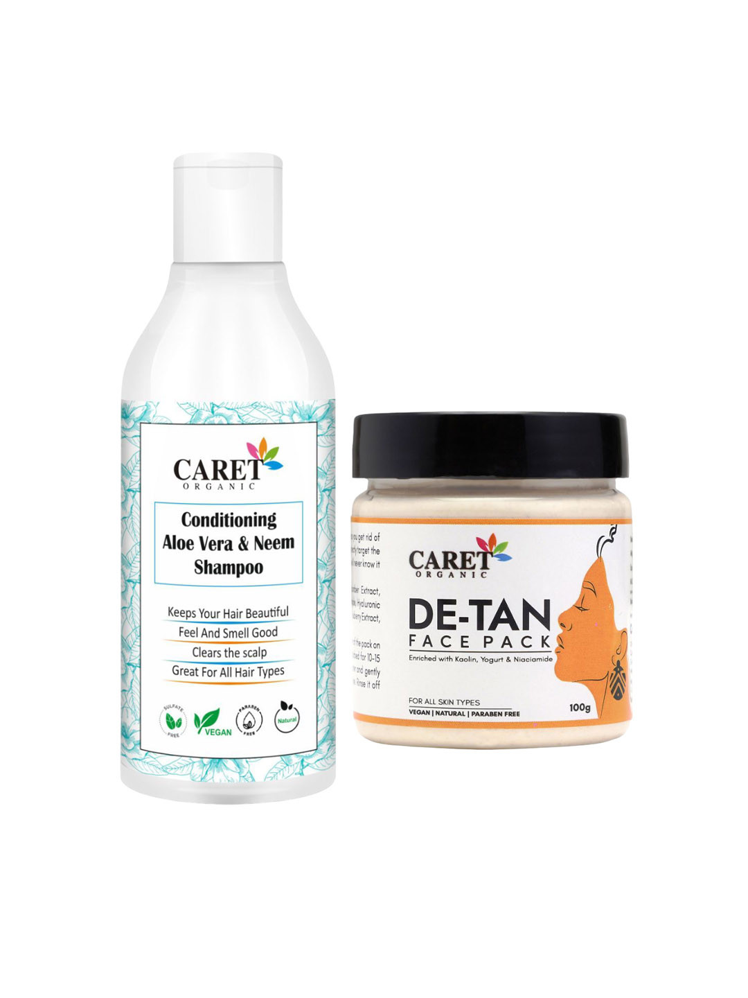 CARET ORGANIC Set of 2 Conditioning Shampoo - 300 ml & De-Tan Face Pack - 100 g