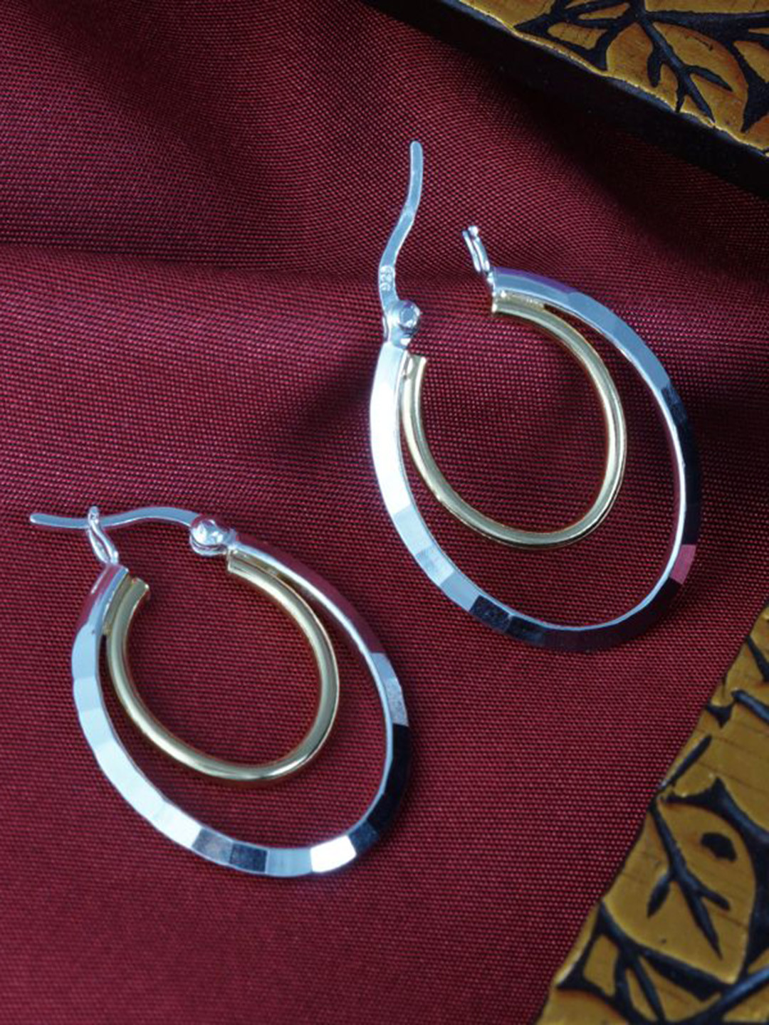Tuanz Silver Jewelry 925 Sterling Silver Rhodium-Plated Two Tone Oval Hoop Earrings