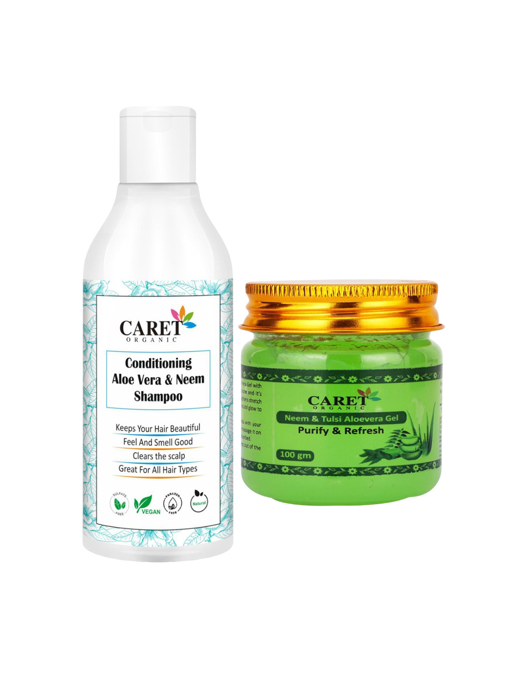 CARET ORGANIC Set of 2 Conditioning Aloevera & Neem Shampoo 300ml - Aloevera Gel 100 g