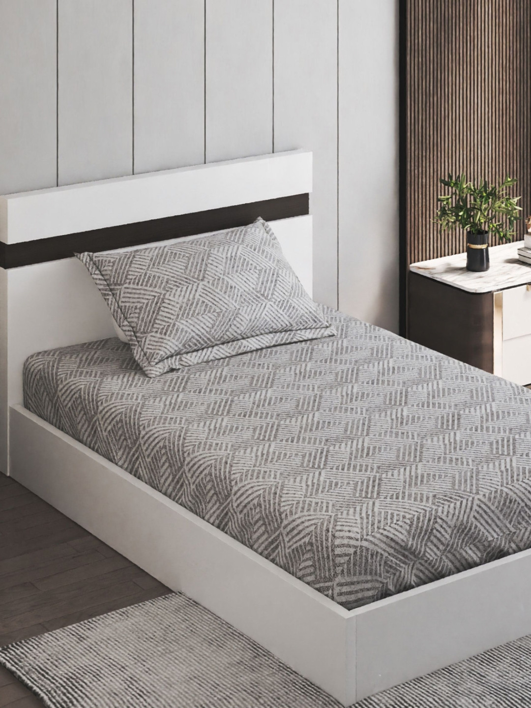 Home Centre Oxford Cyber Grey Abstract Cotton 144 TC Single Bedsheet with a Pillow Cover-90 x 60 inches