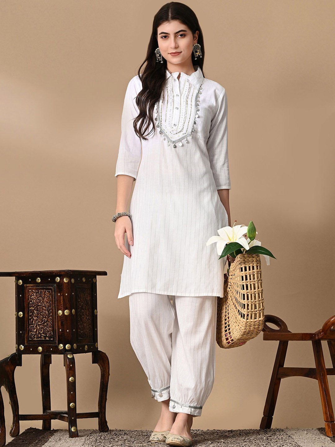 TOP 2 BOTTOM Striped Shirt Collar Three-Quarter Sleeves Regular Straight Kurta With Salwar