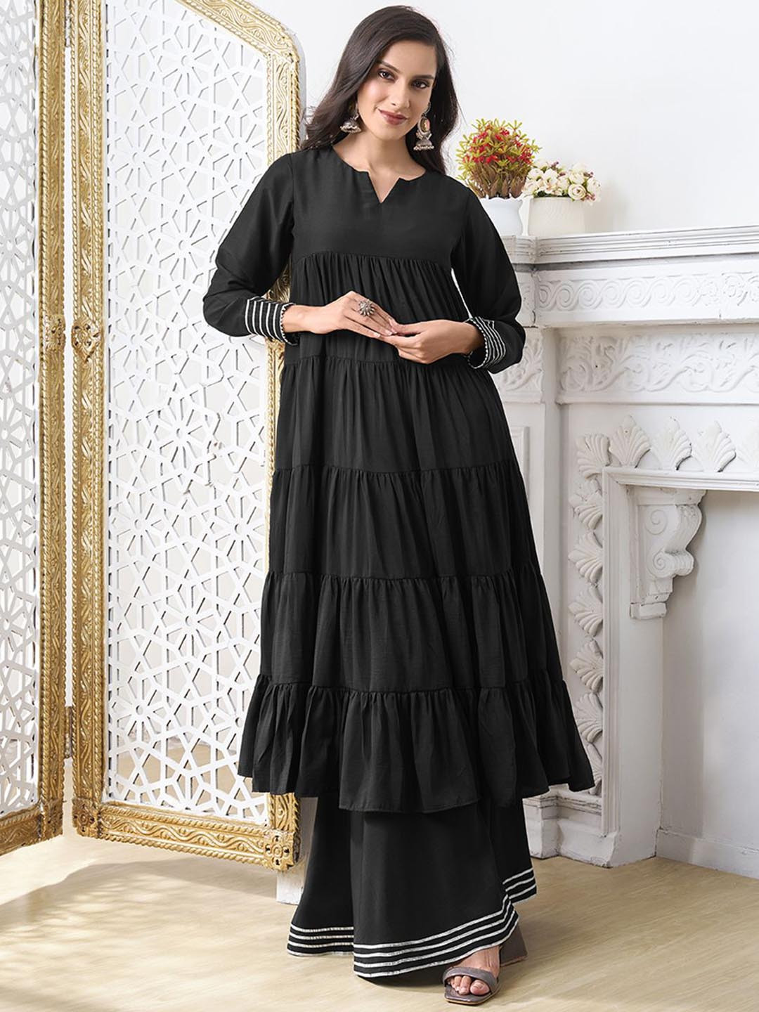 Inddus A-Line Tiered Gotta Patti Kurta With Palazzo