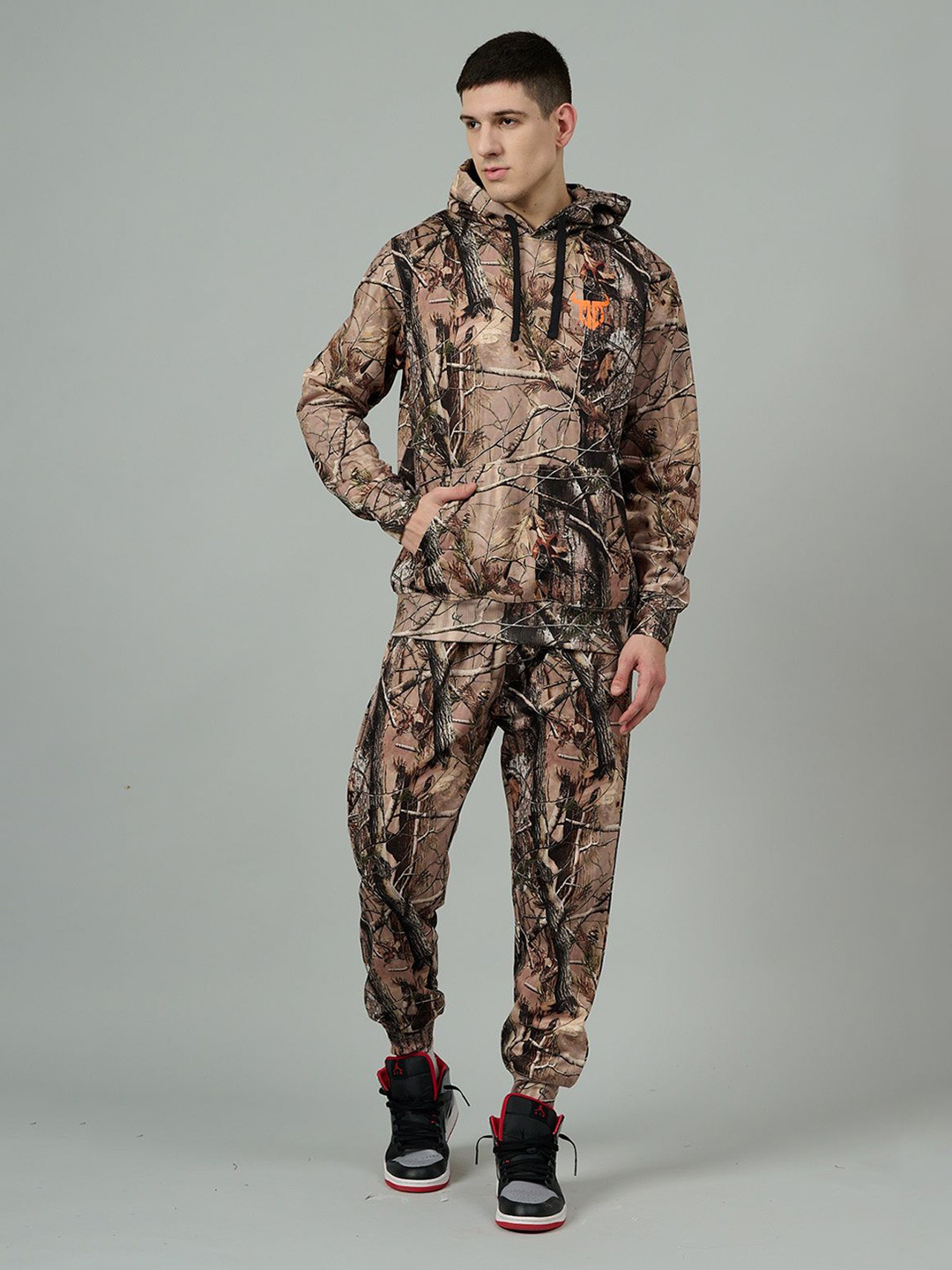 GO DEVIL Abstract Printed Hooded Oversized Woollen Fleece Sweatshirt With Joggers