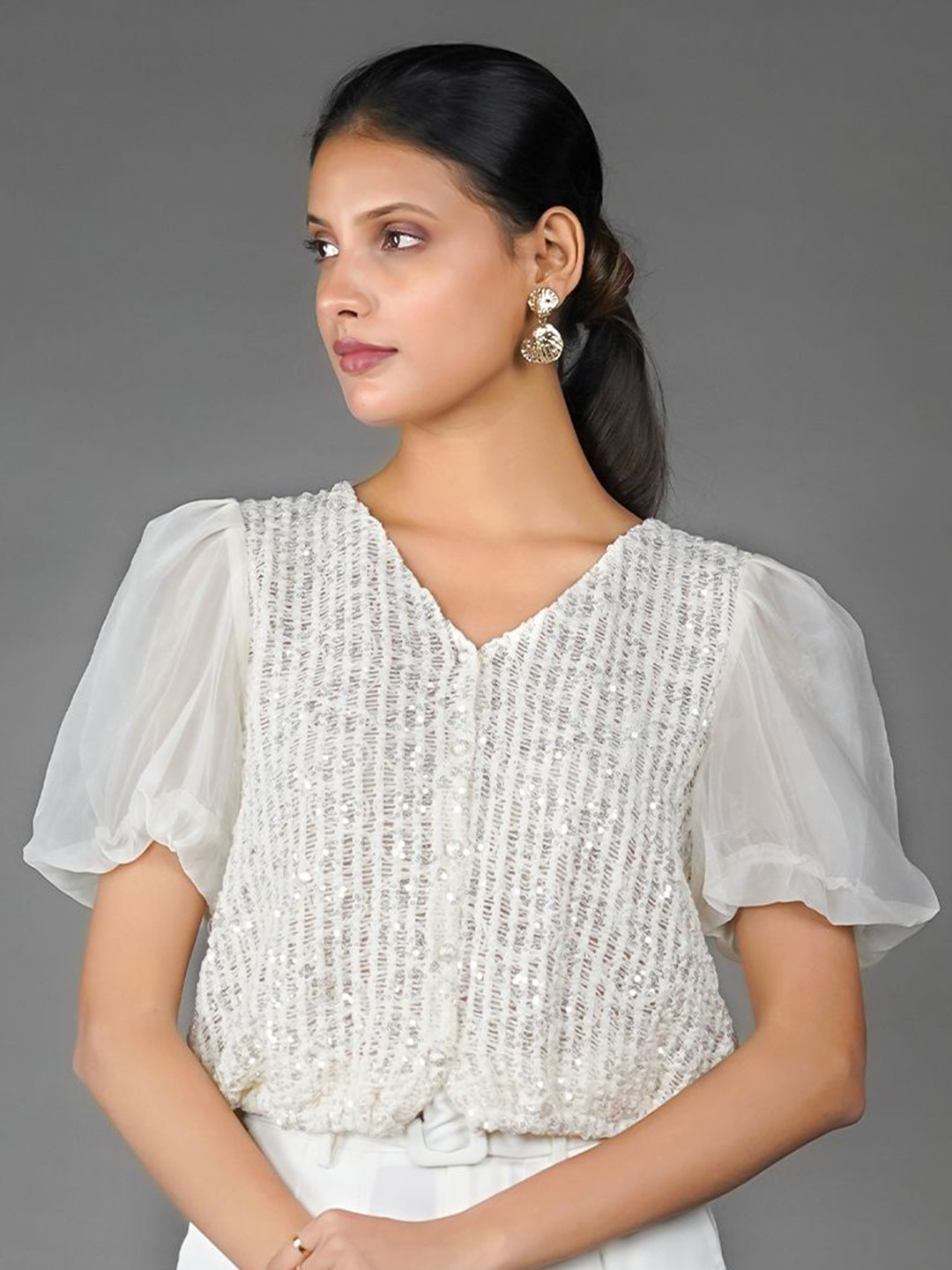 Zink London Women Sequinned V-neck Puff Sleeve Shirt Style Top