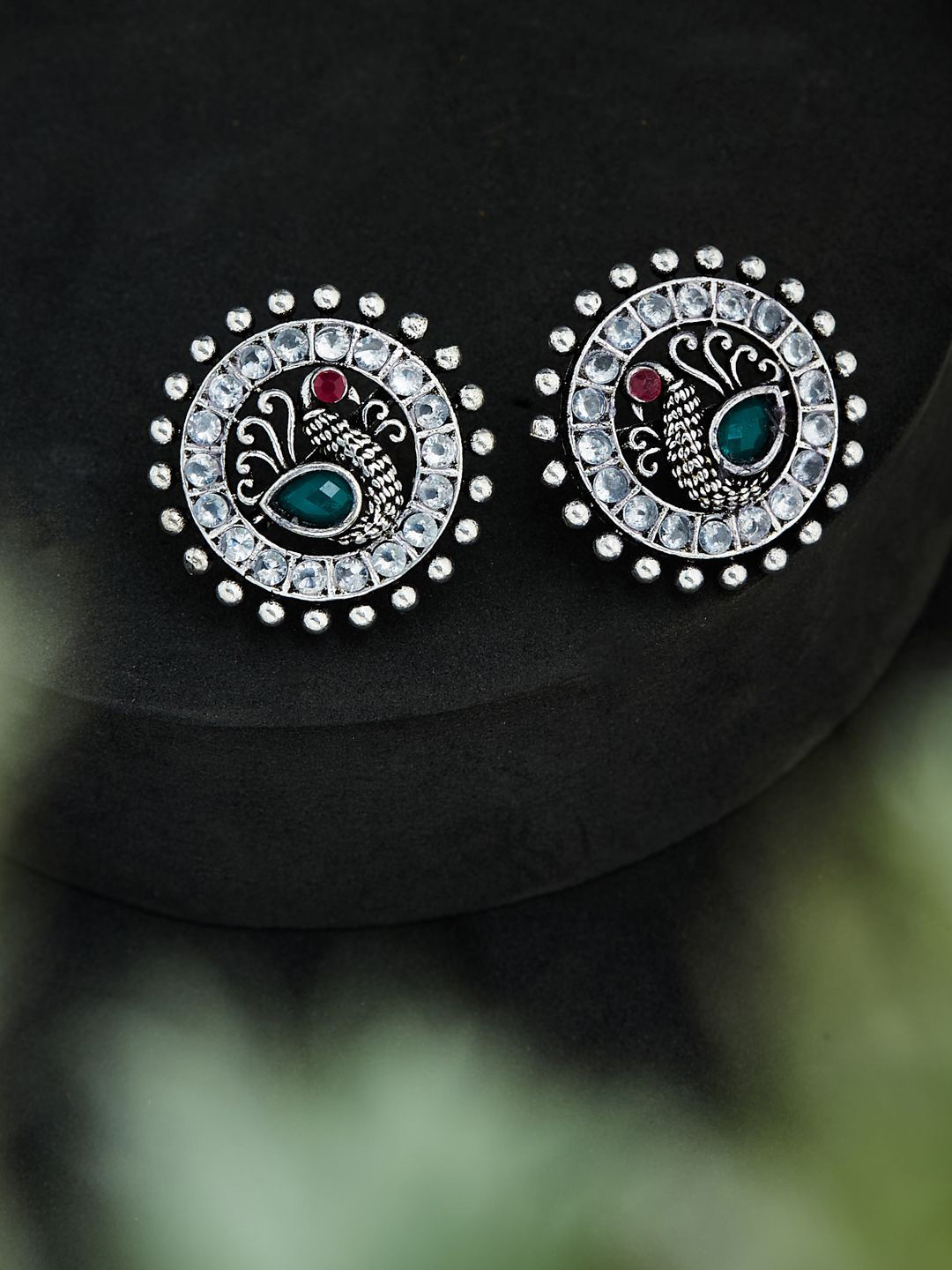 ATIBELLE Silver-Plated Peacock Shaped German Silver Stone Studded Studs