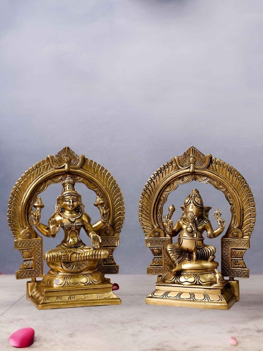 The Advitya Lord Ganesha Laxmi Gold Brass Metallic Living Room Set of 2 Medium Showpieces - 9 Inches