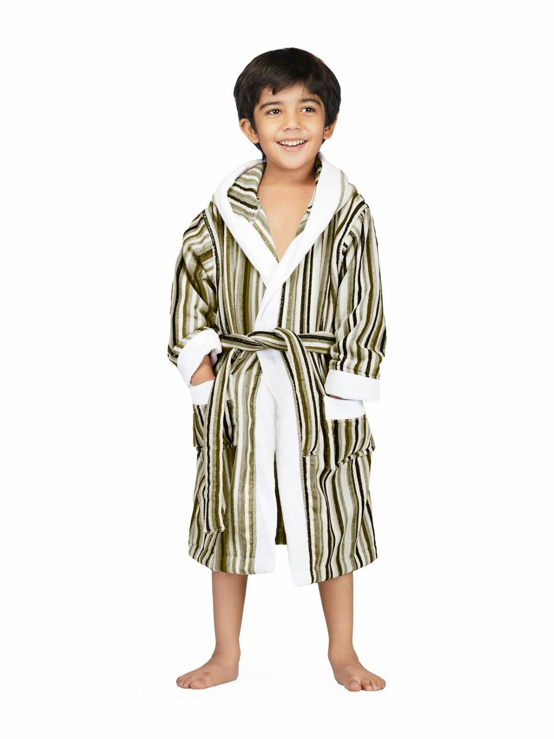 RANGOLI Tonal, 400 GSM Grey Striped Cotton Drawstring Midi Bath Robe-5-6Y