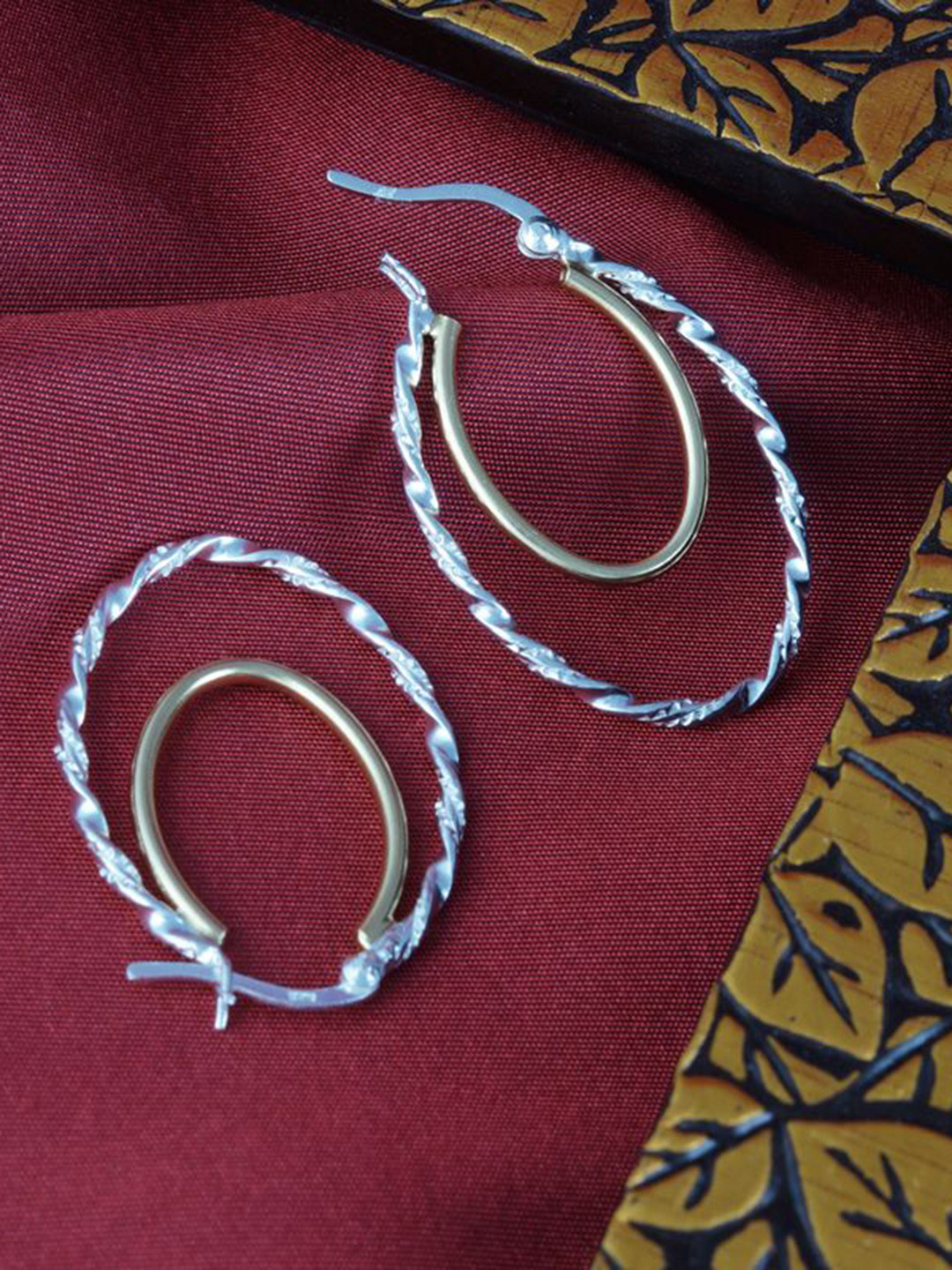 Tuanz Silver Jewelry 925 Sterling Silver Rhodium-Plated Oval Two Tone Hoop Earrings