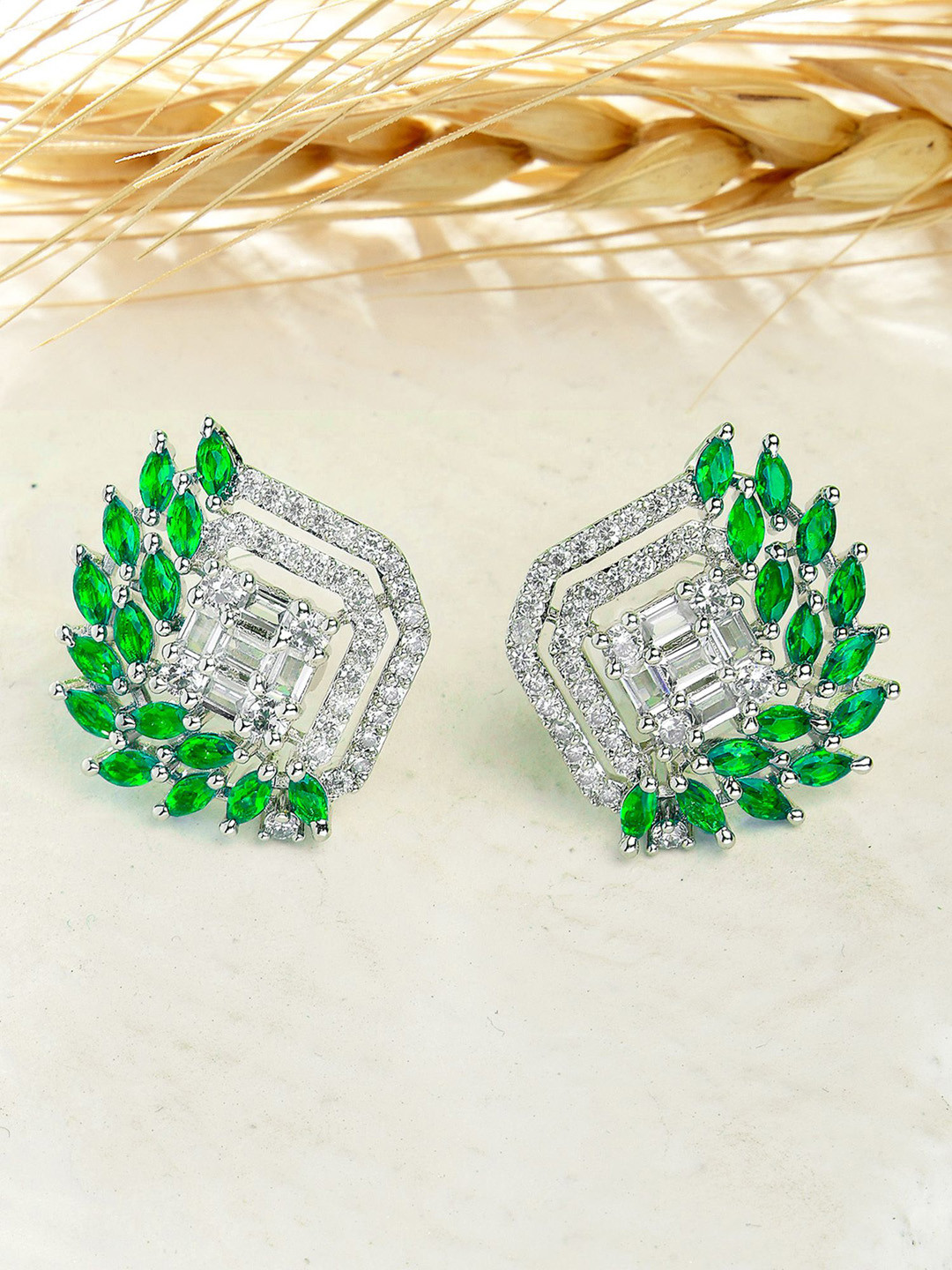 KARATCART Silver-Plated American Diamond Leaf Design Studs