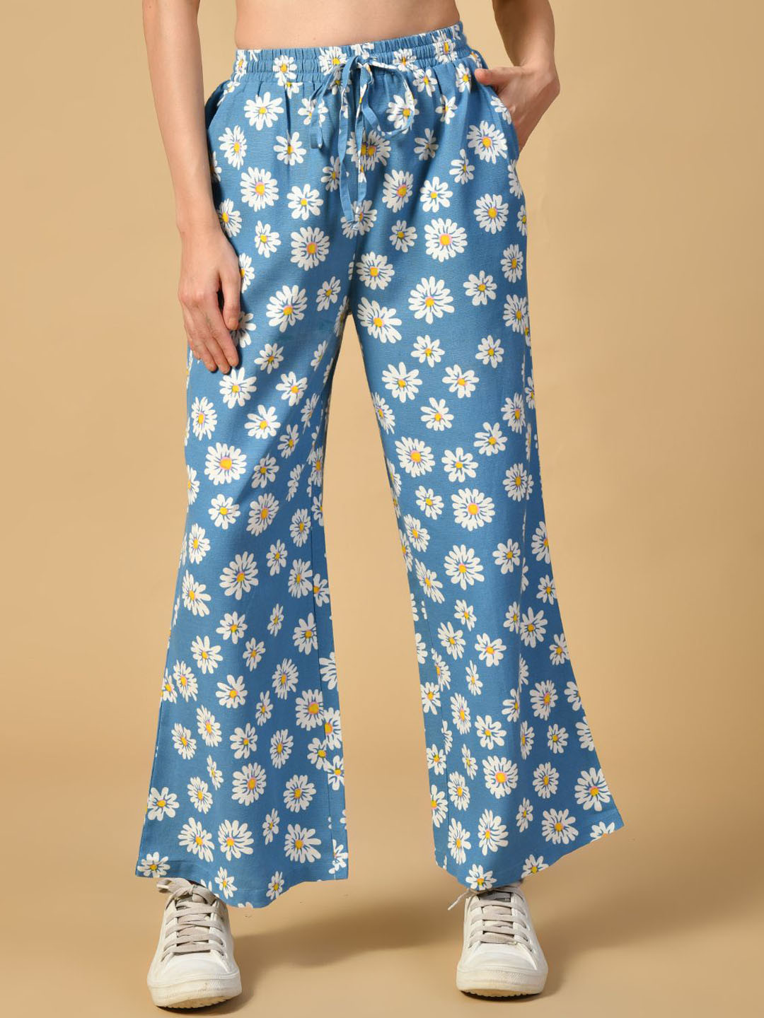 Fuchsia Women Blue Floral Printed Mid-Rise Cotton Bootcut Regular Fit Trousers