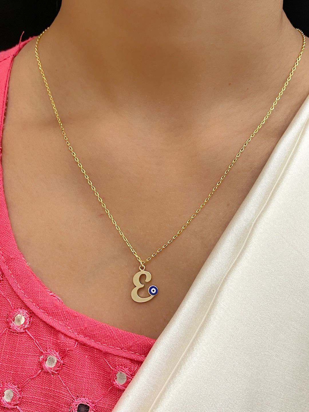 Digital Dress Room Gold-Plated Evil Eye E-Alphabet Pendants with Chains