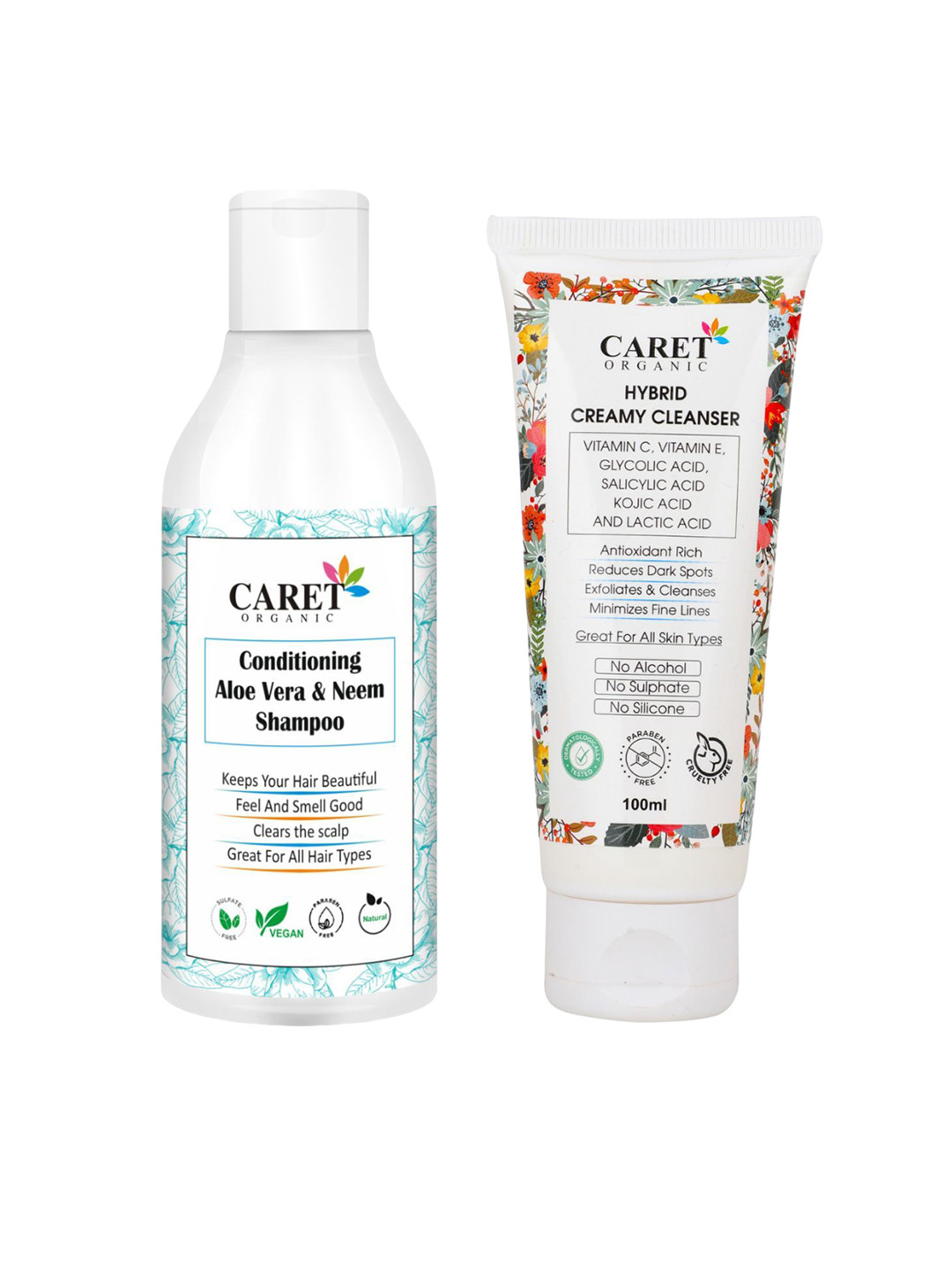 CARET ORGANIC Set of Aloevera Neem Shampoo 300ml & Hybrid Creamy Cleanser 100ml