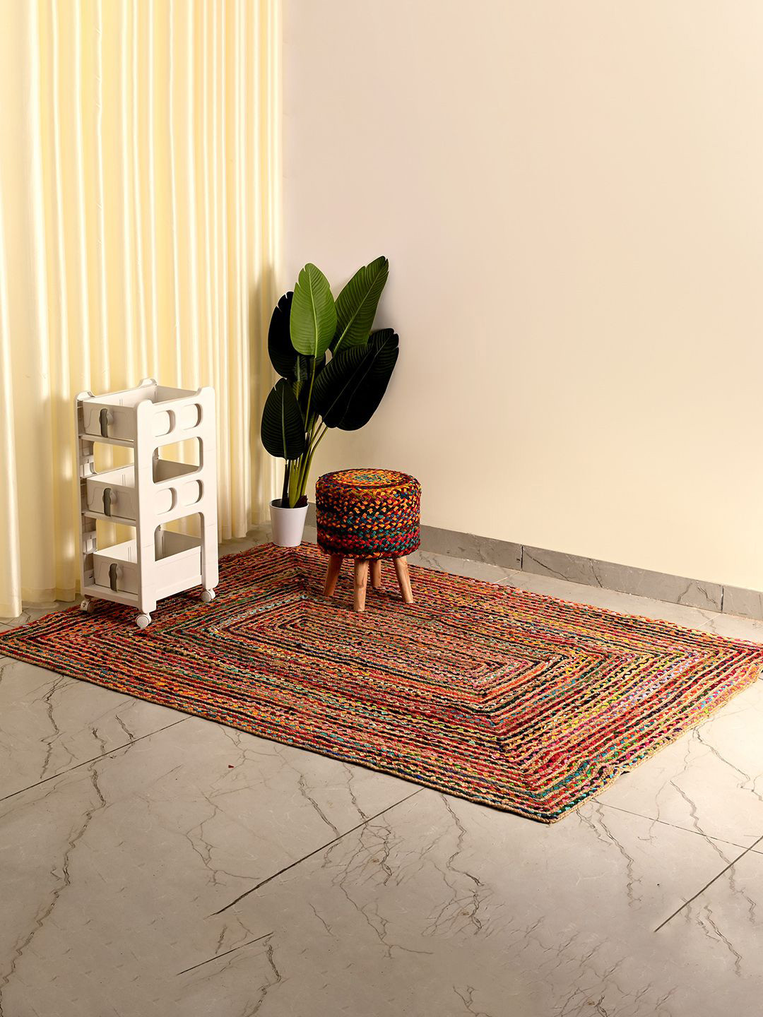 Kuber Industries Red & Blue 2 Pieces Geometric Carpet & Round Ottoman Stool