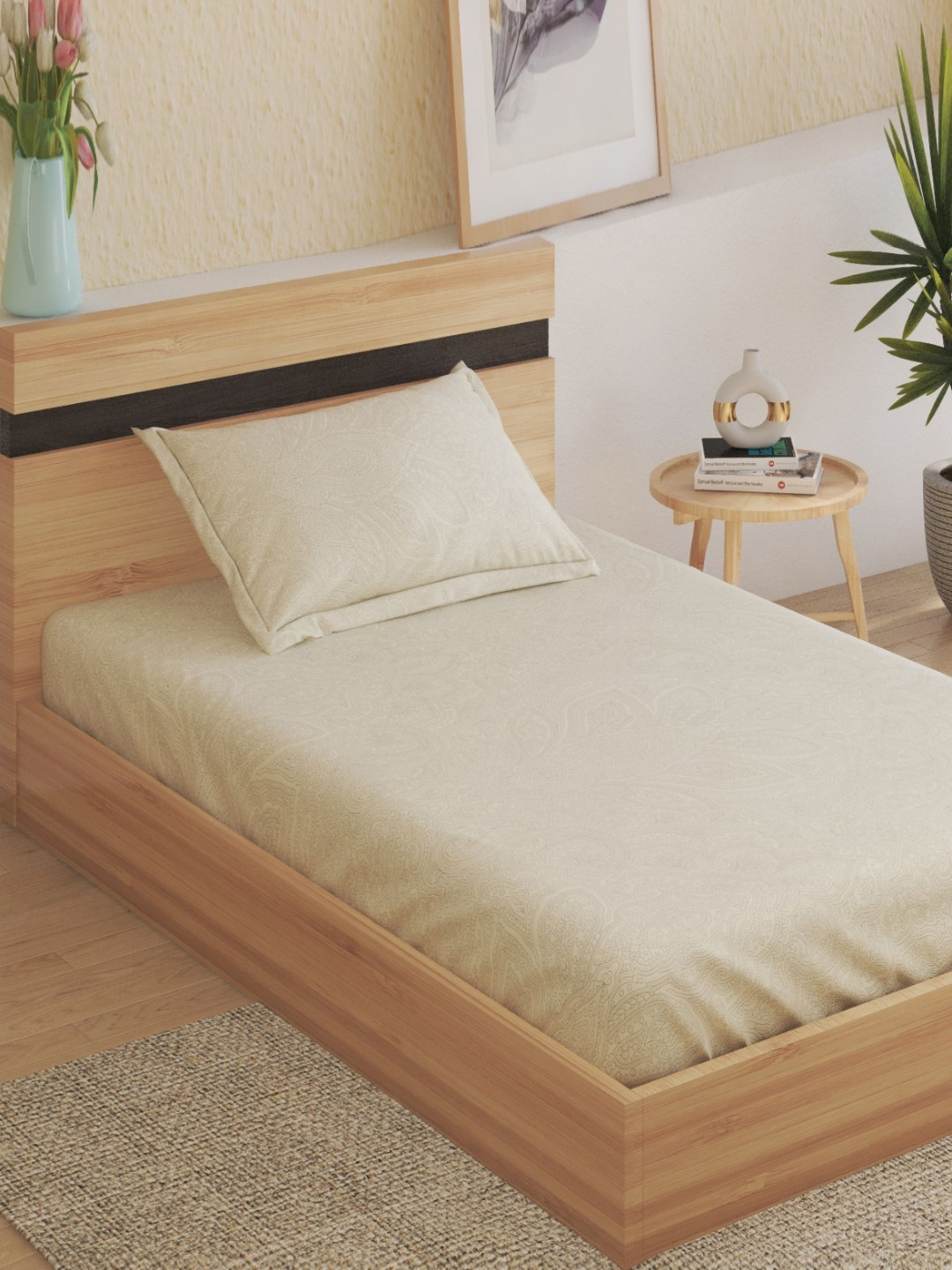 Home Centre Oxford Damask Beige Floral Cotton 200 TC Single Fine Bedsheet with a Pillow Cover-90 x 60 inches