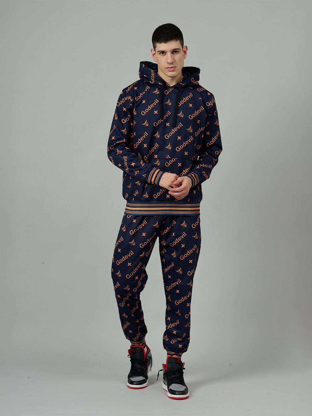GO DEVIL Typographic Printed Hooded Oversized Woollen Fleece Sweatshirt With Joggers