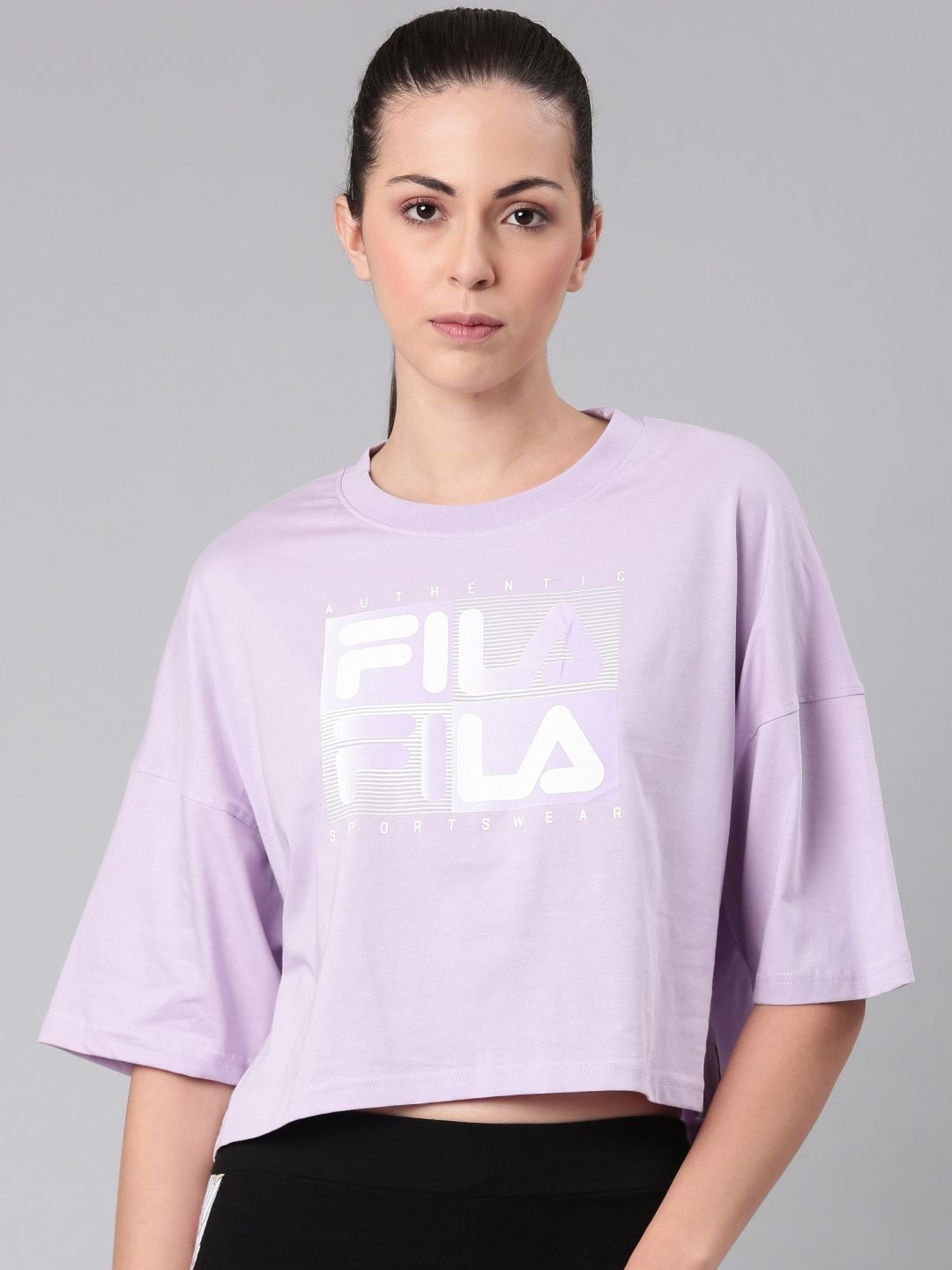 FILA Women LAVENDER1 Typography Printed Round Neck Cotton Boxy T-shirt