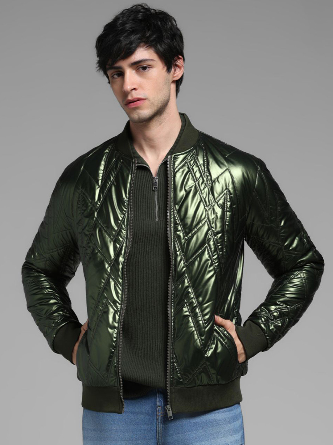 Jack & Jones Men Stand Collar Solid Casual Puffer Jacket