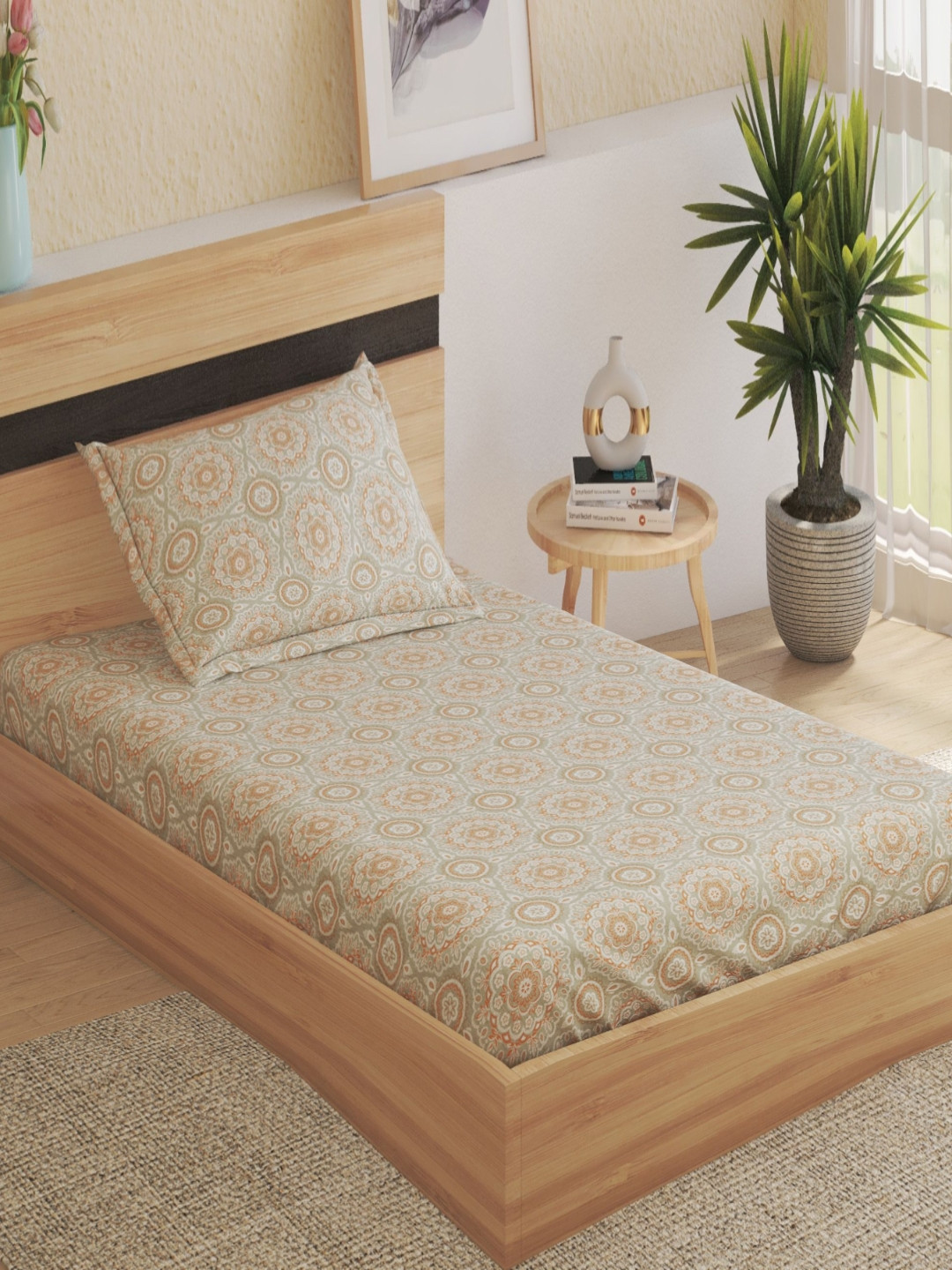 Home Centre Oxford Green Floral Cotton Breathable 200 TC Single Fine Bedsheet with a Pillow Cover-90 x 60 inches