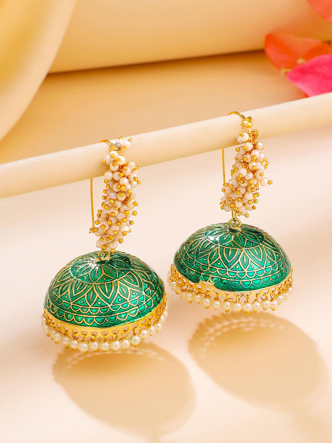 Yellow Chimes Gold-Plated Pearls Beaded Traditional Moti Meenakari Jhumkas