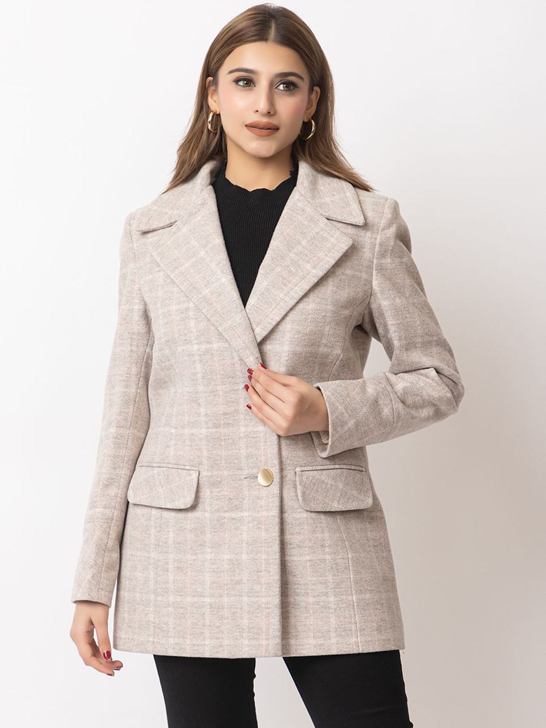 ELEVEIGHT Checked Notched Lapel Single-Breasted Trench Coat