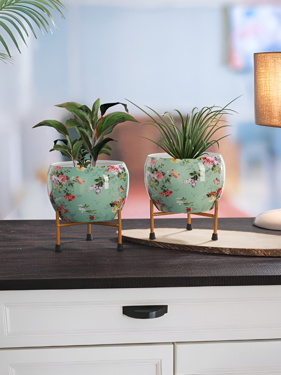 Homspurts Green & Pink 4 Pieces Floral Printed Planters With Stands