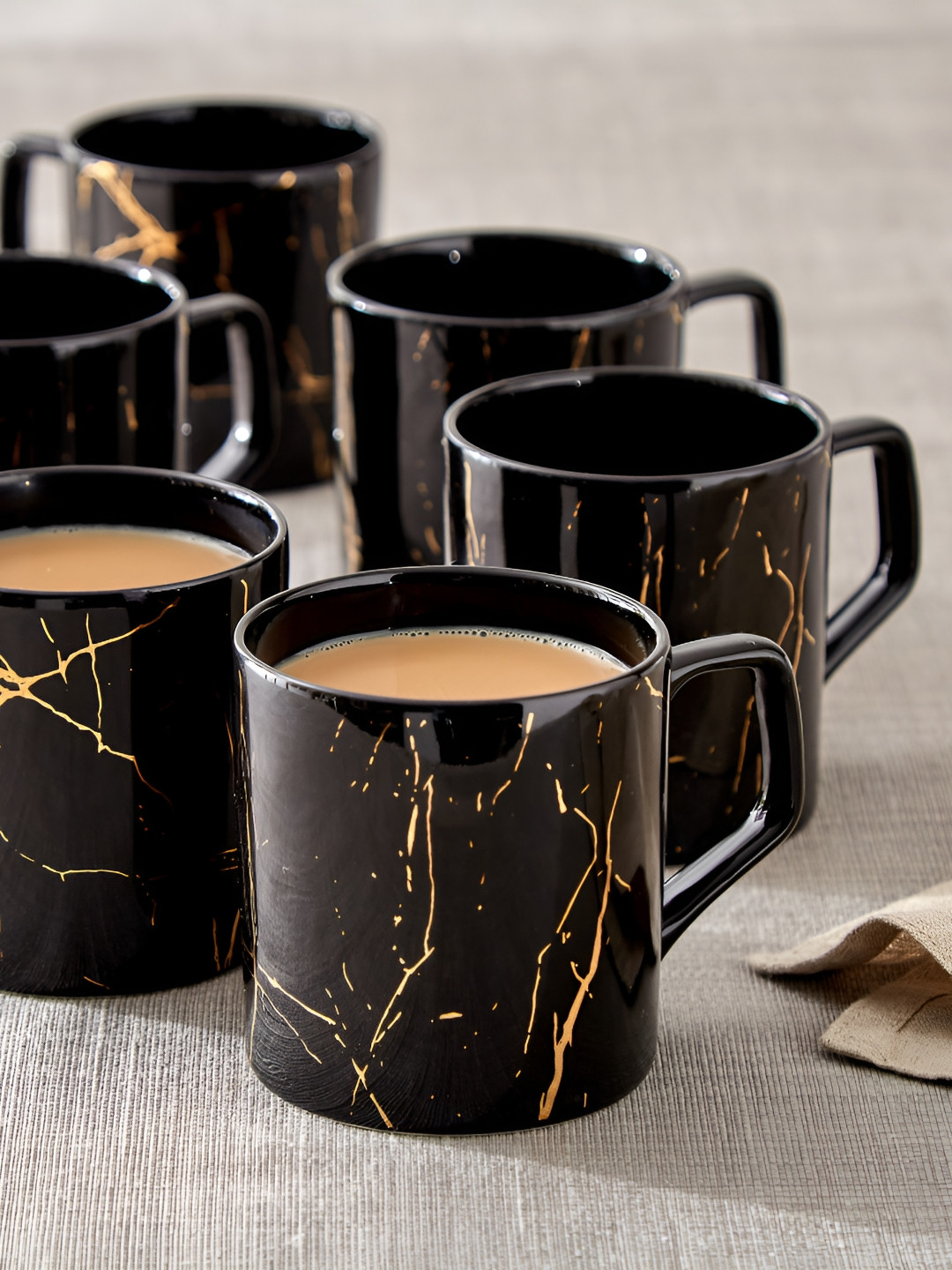 Home Centre Midnight Black Abstract Bone China Microwave Safe 6 Piece Mugs-230ml