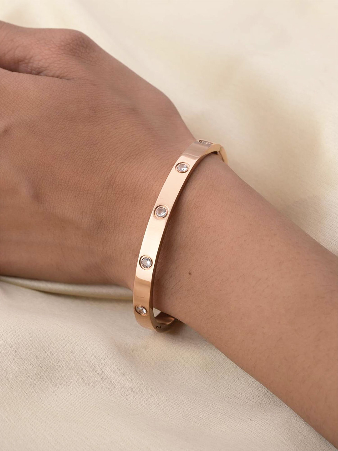 Bohey by KARATCART Cubic Zirconia Rose Gold-Plated Stainless Steel Kada Bracelet