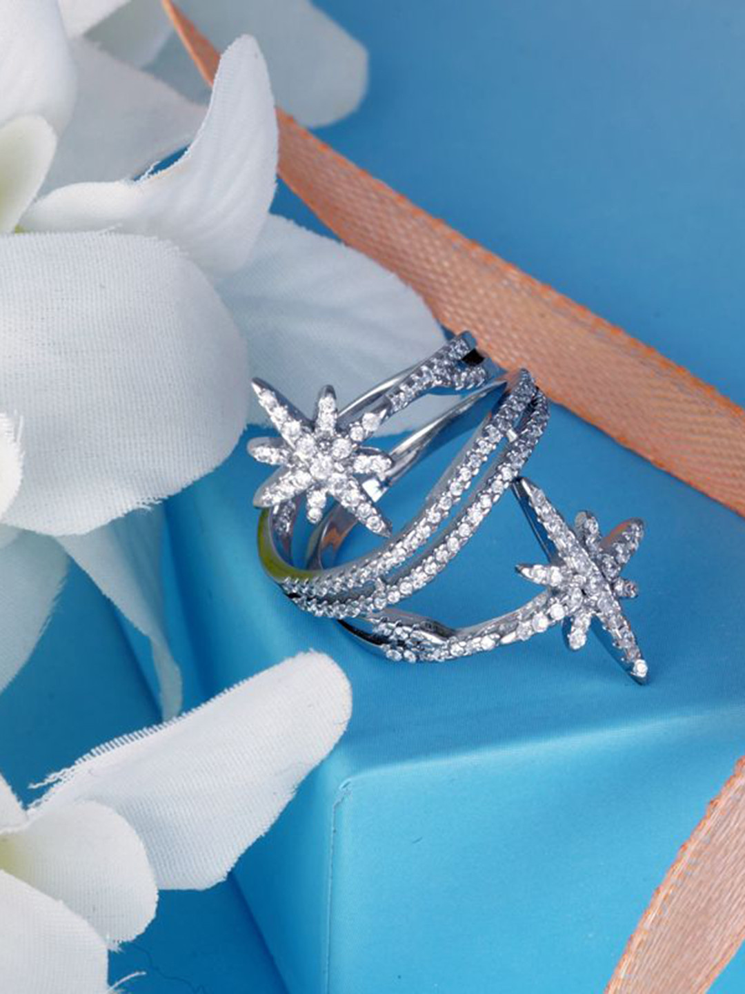 Tuanz Silver Jewelry 925 Sterling Silver Rhodium-Plated CZ Studded Ethena Star Dazzle Ring